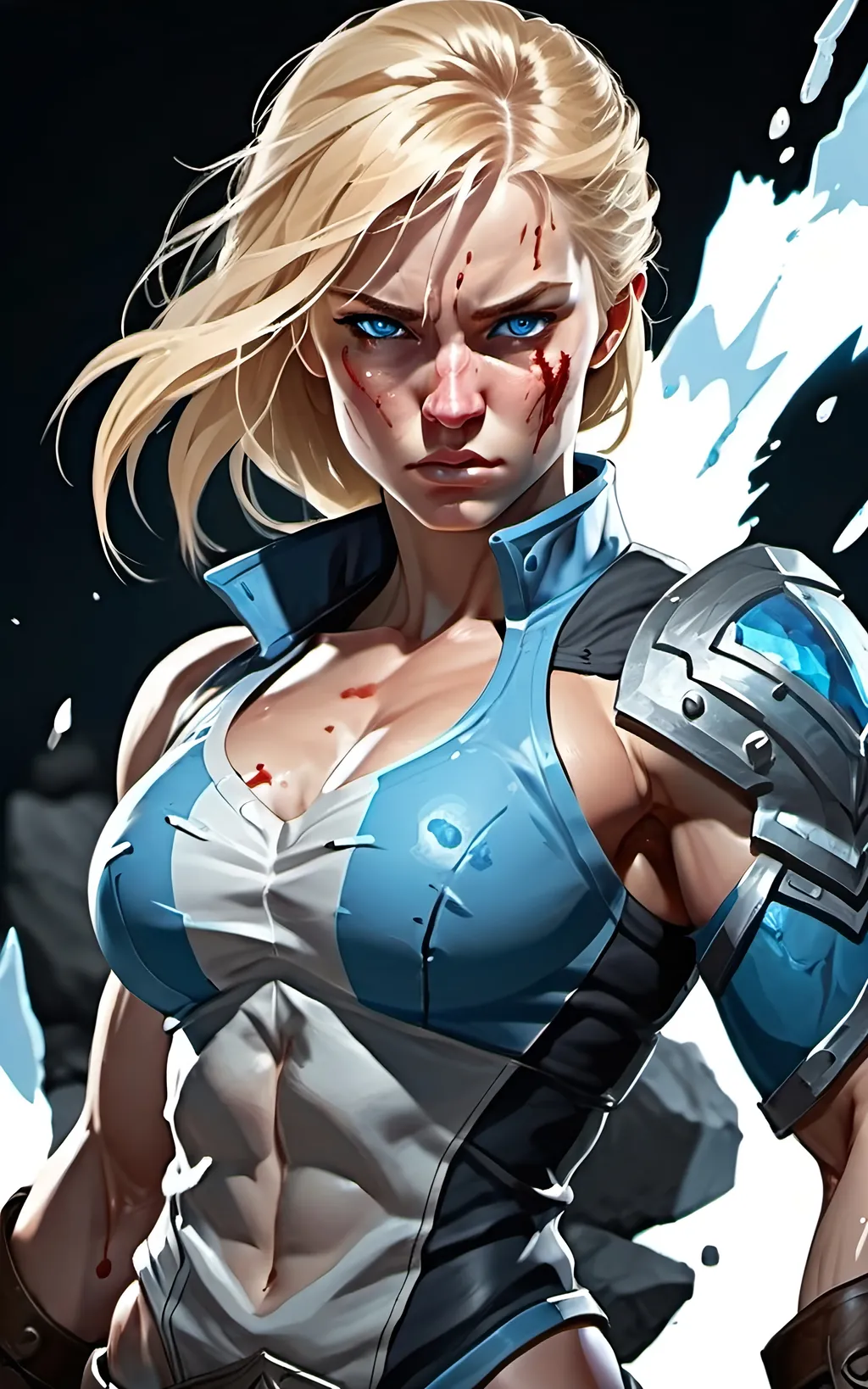 Prompt: Female figure. Greater bicep definition. Sharper, clearer blue eyes. Bleeding. Long Blonde hair flapping. Frostier, glacier effects. Fierce combat stance.