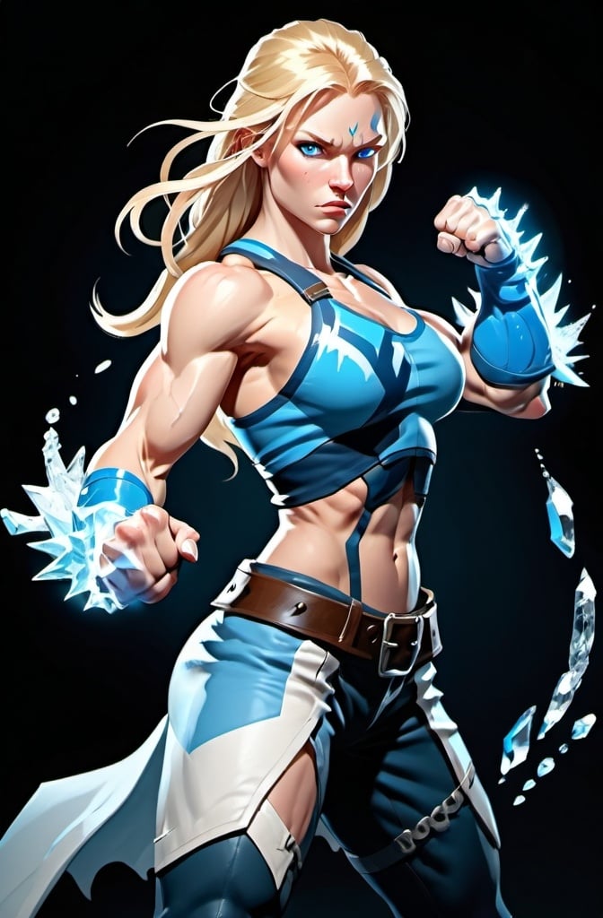 Prompt: Female figure. Greater bicep definition. Sharper, clearer blue eyes. Long Blonde hair flapping. Frostier, glacier effects. Fierce combat stance. Icy Knuckles. Raging Fists.