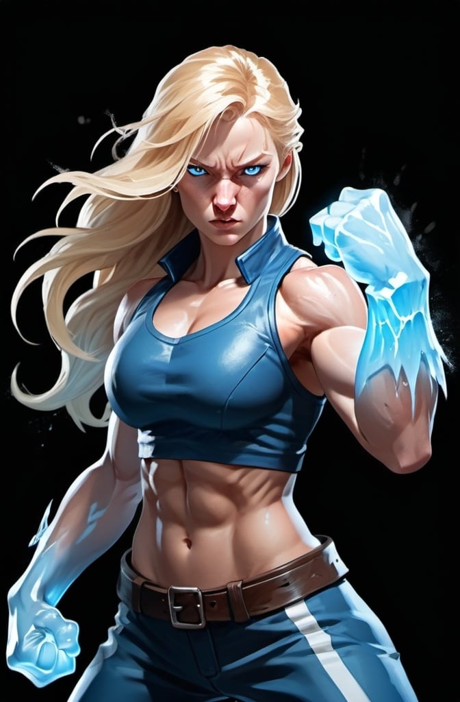 Prompt: Female figure. Greater bicep definition. Sharper, clearer blue eyes. Nosebleed. Long Blonde hair flapping. Frostier, glacier effects. Fierce combat stance. Raging Fists. Icy Knuckles.