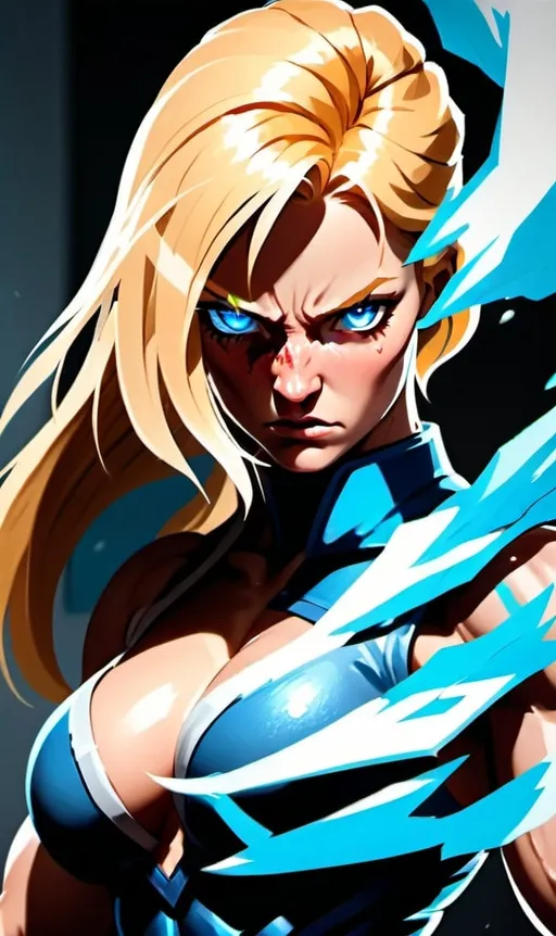 Prompt: Female figure. Greater bicep definition. Sharper, clearer blue eyes. Nosebleed. Long Blonde hair flapping. Frostier, glacier effects. Fierce combat stance. Enraged. 