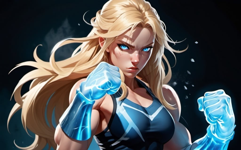 Prompt: Female figure. Greater bicep definition. Sharper, clearer blue eyes. Nosebleed. Long Blonde hair flapping. Frostier, glacier effects. Fierce combat stance. Raging Fists. Icy Knuckles. 