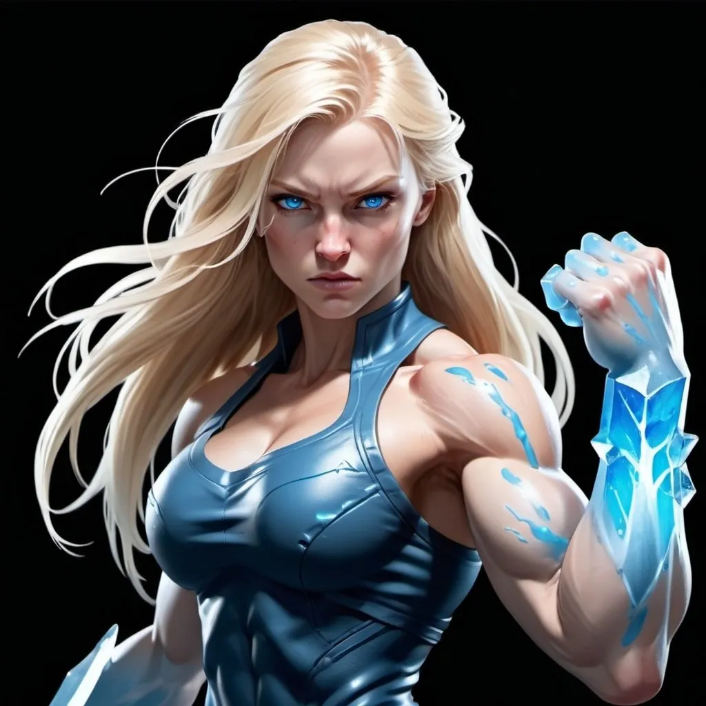 Prompt: Female figure. Greater bicep definition. Sharper, clearer blue eyes. Bleeding. Long Blonde hair flapping. Frostier, glacier effects. Fierce combat stance. Icy Knuckles. 