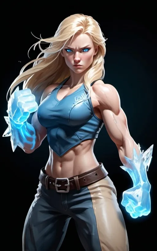 Prompt: Female figure. Greater bicep definition. Sharper, clearer blue eyes. Long Blonde hair flapping. Frostier, glacier effects. Fierce combat stance. Icy Knuckles. Raging Fists.