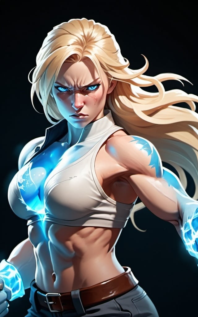 Prompt: Female figure. Greater bicep definition. Sharper, clearer blue eyes. Nosebleed. Long Blonde hair flapping. Frostier, glacier effects. Fierce combat stance. Raging Fists. Icy Knuckles. Wearing Pants. 