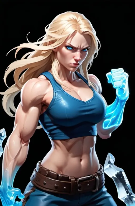 Prompt: Female figure. Greater bicep definition. Sharper, clearer blue eyes. Nosebleed. Long Blonde hair flapping. Frostier, glacier effects. Fierce combat stance. Raging Fists. Icy Knuckles. 