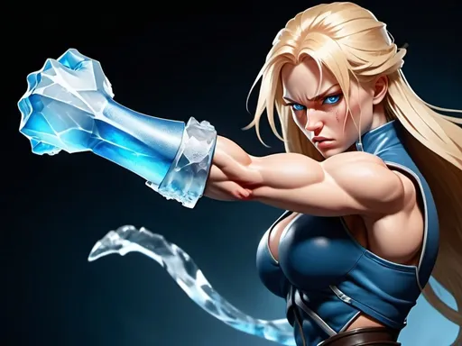 Prompt: Female figure. Greater bicep definition. Sharper, clearer blue eyes. Nosebleed. Long Blonde hair flapping. Frostier, glacier effects. Fierce combat stance. Raging Fists. Icy Knuckles. 