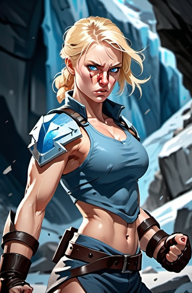 Prompt:  Female figure. Greater bicep definition. Sharper, clearer blue eyes. Blonde hair  flapping. Nose bleed. Frostier, glacier effects. Fierce combat stance. Raging Fists. 