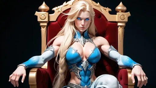 Prompt: Female figure. Greater bicep definition. Sharper, clearer blue eyes. Long Blonde hair flapping. Frostier, glacier effects. Fierce combat stance. Sitting on a throne. Resting her cheek on her hand.