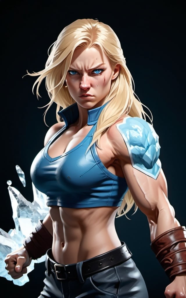 Prompt: Female figure. Greater bicep definition. Sharper, clearer blue eyes. Nosebleed. Long Blonde hair flapping. Frostier, glacier effects. Fierce combat stance. Raging Fists. Icy Knuckles. Wearing Pants. 