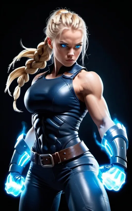 Prompt: Female figure. Greater bicep definition. Dark Blue eyes. Blonde braided ponytail. Fierce combat stance. Raging Gravity-powered Gauntlets. 