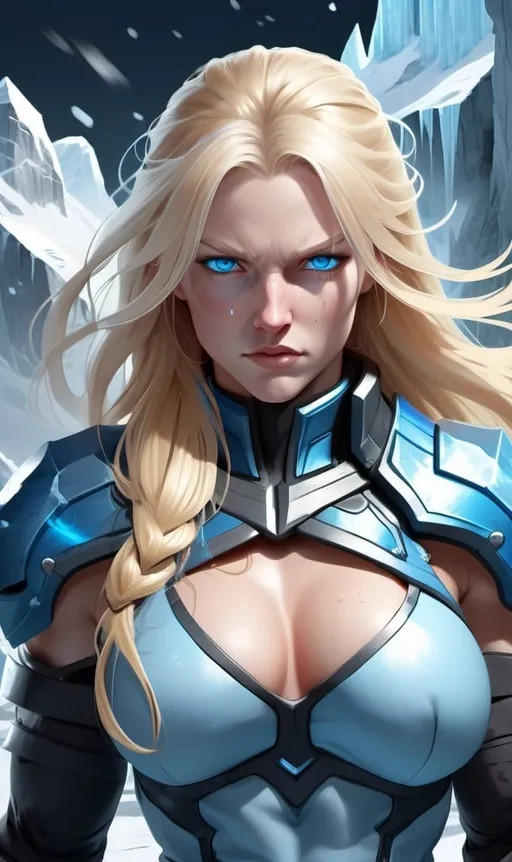 Prompt: Female figure. Greater bicep definition. Sharper, clearer blue eyes. Nosebleed. Long Blonde hair flapping. Frostier, glacier effects. Fierce combat stance. Raging Fists. Icy Knuckles.