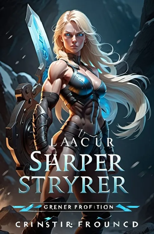 Prompt: Female figure. Greater bicep definition. Sharper, clearer blue eyes. Blonde hair flapping. Frostier, glacier effects. Fierce combat stance. 