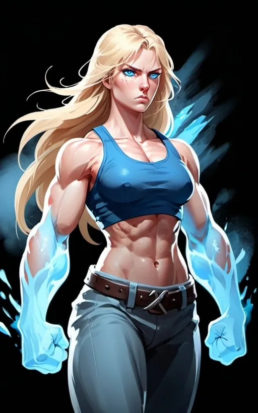 Prompt: Female figure. Greater bicep definition. Sharper, clearer blue eyes. Nosebleed. Long Blonde hair flapping. Frostier, glacier effects. Fierce combat stance. Raging Fists.