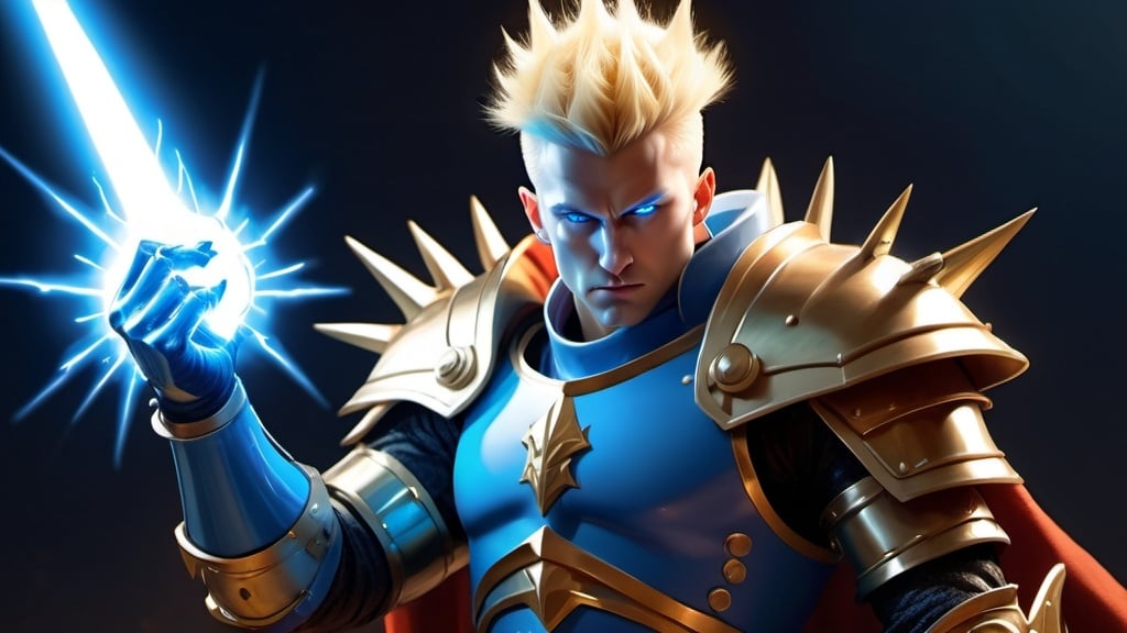 Prompt: Male Figure. Strong. Spikey Blonde hair. Clean shaven. Blue eyes. Emperor. Wearing a warrior Gauntlet. Electricity claws. Lighting background. Leading an Army.  