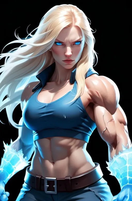 Prompt: Female figure. Greater bicep definition. Sharper, clearer blue eyes. Nosebleed. Long Blonde hair flapping. Frostier, glacier effects. Fierce combat stance. Raging Fists. Icy Knuckles.