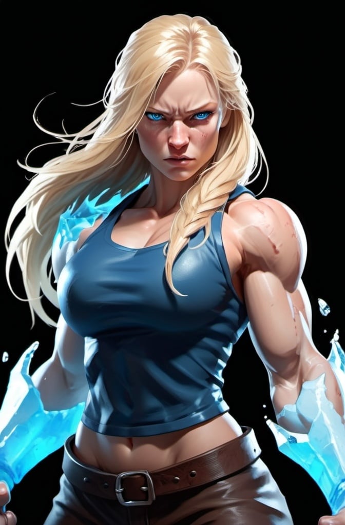 Prompt: Female figure. Greater bicep definition. Sharper, clearer blue eyes. Nosebleed. Long Blonde hair flapping. Frostier, glacier effects. Fierce combat stance. Raging Fists. Icy Knuckles.