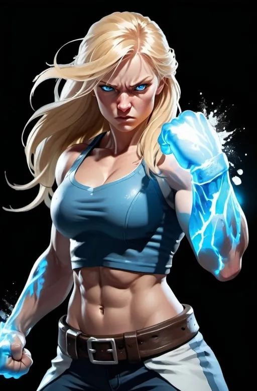 Prompt: Female figure. Greater bicep definition. Sharper, clearer blue eyes. Nosebleed. Long Blonde hair flapping. Frostier, glacier effects. Fierce combat stance. Raging Fists. Icy Knuckles. 