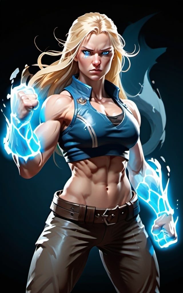 Prompt: Female figure. Greater bicep definition. Sharper, clearer blue eyes. Long Blonde hair flapping. Frostier, glacier effects. Fierce combat stance. Raging Fists.