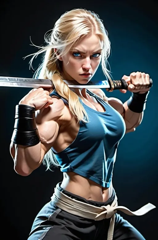 Prompt: Female figure. Greater bicep definition. Sharper, clearer blue eyes. Long blonde hair flapping. Frostier, glacier effects. Fierce combat stance. Martial Artist.