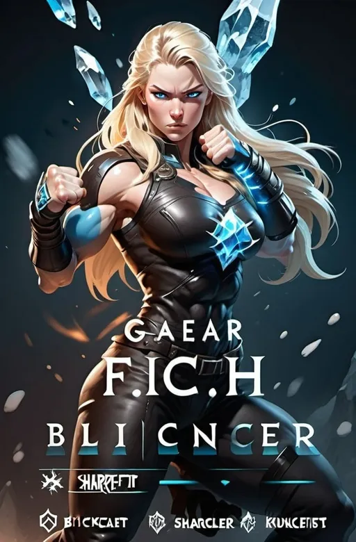 Prompt: Female figure. Greater bicep definition. Sharper, clearer blue eyes. Long Blonde hair flapping. Frostier, glacier effects. Fierce combat stance. Icy Knuckles. Raging Fists.