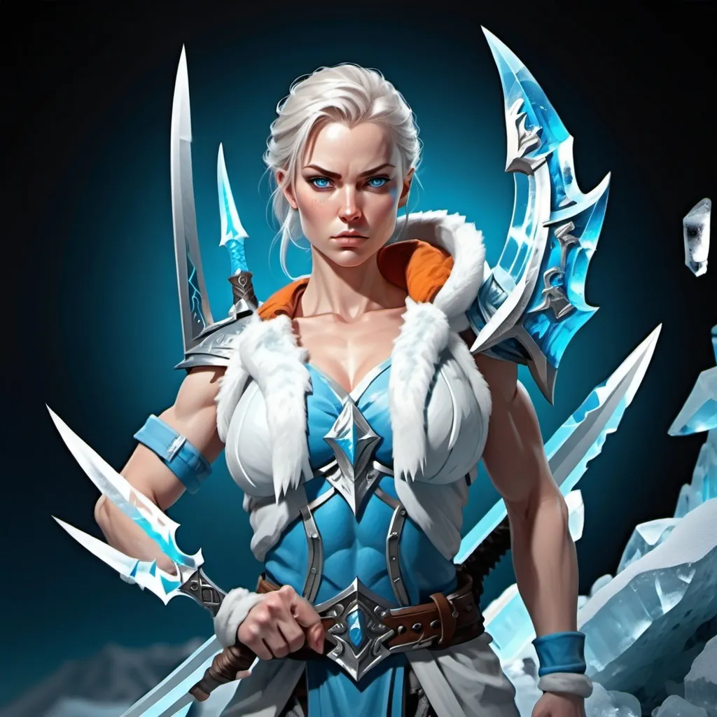 Prompt: Female figure. Greater bicep definition. Sharper, clearer blue eyes.  Frostier, glacier effects. Holding frost daggers. Fierce combat stance. 