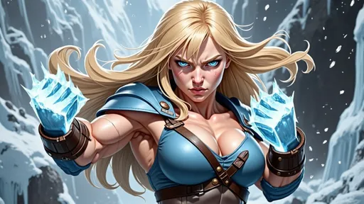 Prompt: @lbK8EQWu1r8WEqH2g1L6 A powerful female warrior in a fierce combat stance, her muscular form poised for battle. She has ice fists, glowing with a chilling blue light that contrasts against her warm skin tone. The scene is set in a snowy battlefield, with swirling snowflakes caught in the air around her. Her intense gaze is focused ahead, showcasing determination and strength. The lighting is dramatic, with a soft glow emanating from her fists, illuminating her fierce expression and casting shadows across her defined muscles. The atmosphere is charged, as if the air itself is crackling with energy from her icy power.