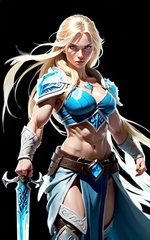 Prompt: Female figure. Greater bicep definition. Sharper, clearer blue eyes. Long Blonde hair flapping. Frostier, glacier effects. Fierce combat stance. Ice Sword.