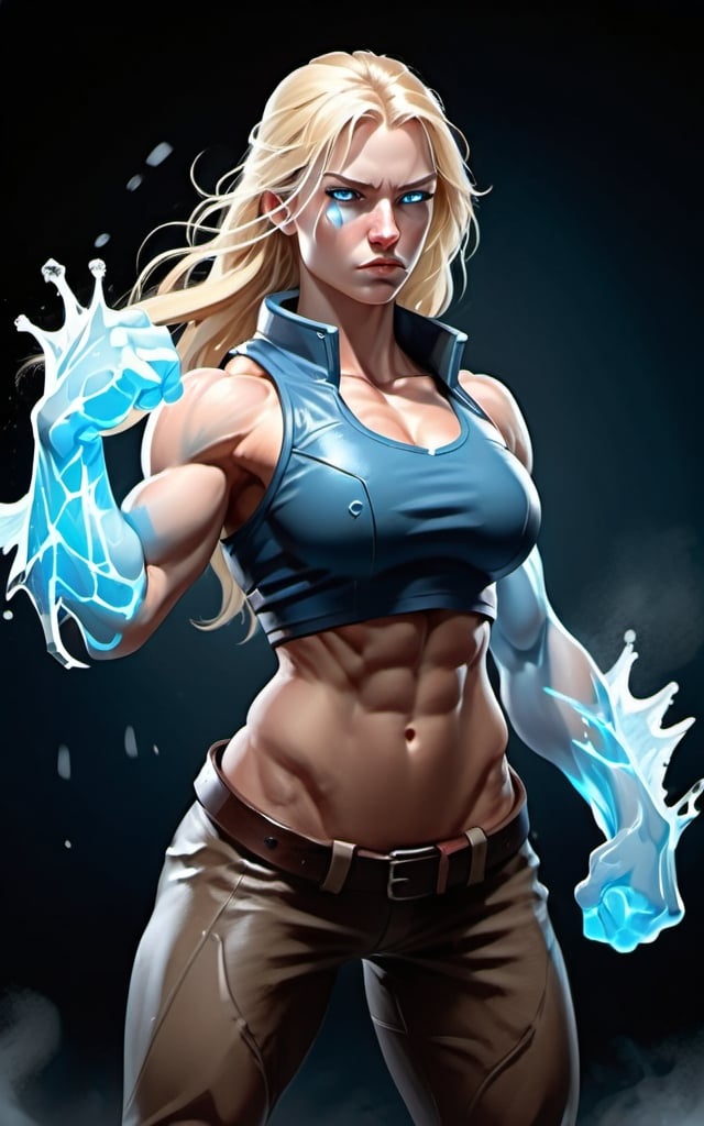 Prompt: Female figure. Greater bicep definition. Sharper, clearer blue eyes. Nosebleed. Long Blonde hair flapping. Frostier, glacier effects. Fierce combat stance. Icy Knuckles. Mist