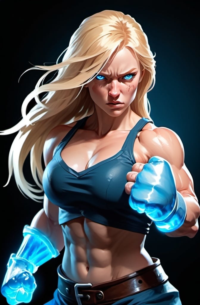 Prompt: Female figure. Greater bicep definition. Sharper, clearer blue eyes. Nosebleed. Long Blonde hair flapping. Frostier, glacier effects. Fierce combat stance. Raging Fists. Icy Knuckles. 