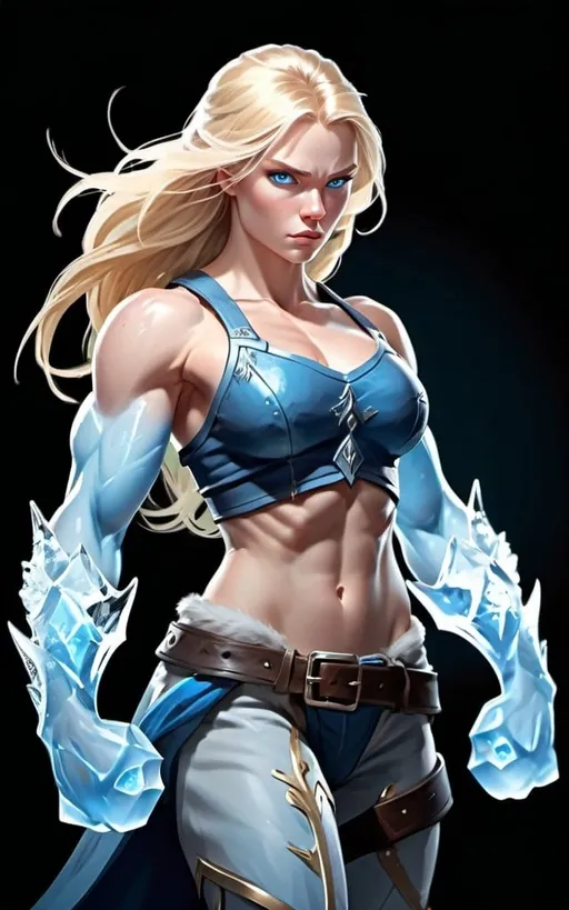 Prompt: Female figure. Greater bicep definition. Sharper, clearer blue eyes. Long Blonde hair flapping. Frostier, glacier effects. Fierce combat stance. Ice Daggers.