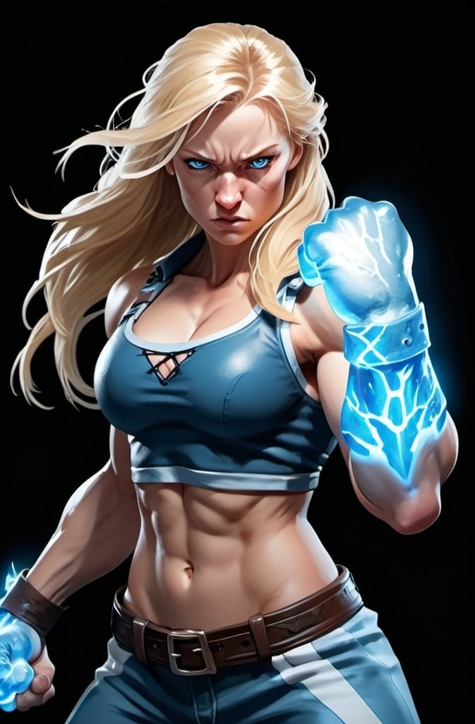 Prompt: Female figure. Greater bicep definition. Sharper, clearer blue eyes. Nosebleed. Long Blonde hair flapping. Frostier, glacier effects. Fierce combat stance. Raging Fists. Icy Knuckles. 