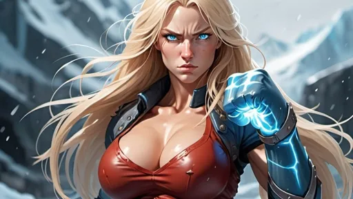 Prompt: Female figure. Greater bicep definition. Sharper, clearer blue eyes. Nosebleed. Long Blonde hair flapping. Frostier, glacier effects. Fierce combat stance. Raging Fists. Icy Knuckles. 