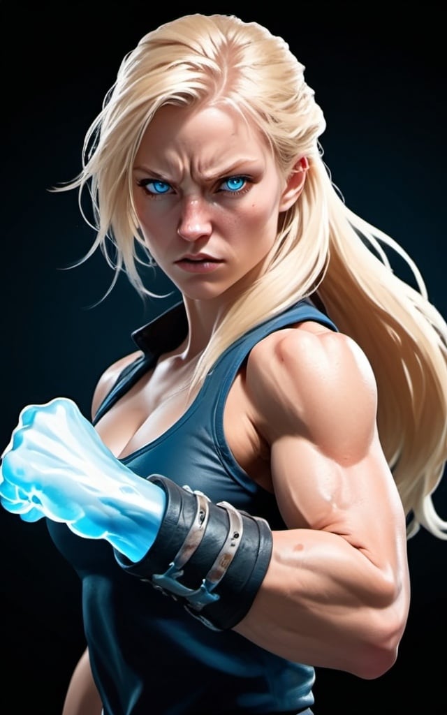 Prompt: Female figure. Greater bicep definition. Sharper, clearer blue eyes. Nosebleed. Long Blonde hair flapping. Frostier, glacier effects. Fierce combat stance. Raging Fists. Icy Knuckles.