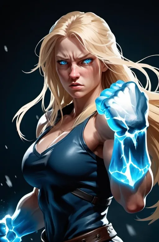 Prompt: Female figure. Greater bicep definition. Sharper, clearer blue eyes. Nosebleed. Long Blonde hair flapping. Frostier, glacier effects. Fierce combat stance. Raging Fists. Icy Knuckles.