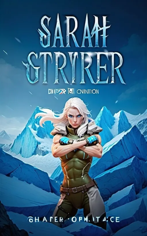 Prompt: Female figure. Greater bicep definition. Sharper, clearer blue eyes.  Frostier, glacier effects. Fierce combat stance. 