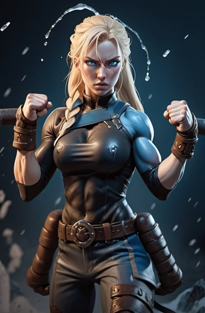 Prompt: Female figure. Greater bicep definition. Sharper, clearer blue eyes. Nosebleed. Long Blonde hair flapping. Frostier, glacier effects. Fierce combat stance. Raging Fists. Icy Knuckles.