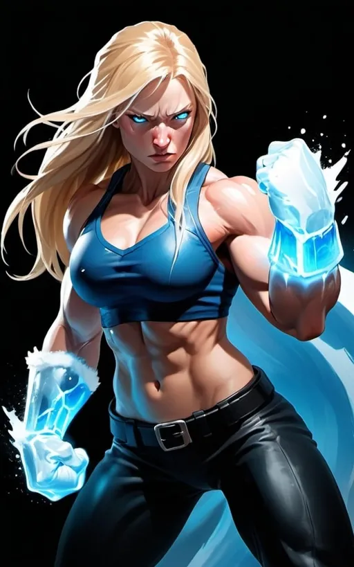 Prompt: Female figure. Greater bicep definition. Sharper, clearer blue eyes. Nosebleed. Long Blonde hair flapping. Frostier, glacier effects. Fierce combat stance. Raging Fists. Icy Knuckles.