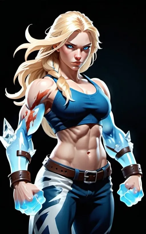 Prompt: Female figure. Greater bicep definition. Sharper, clearer blue eyes. Long Blonde hair flapping. Frostier, glacier effects. Fierce combat stance. Icy Knuckles.