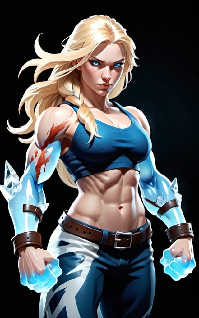 Prompt: Female figure. Greater bicep definition. Sharper, clearer blue eyes. Long Blonde hair flapping. Frostier, glacier effects. Fierce combat stance. Icy Knuckles.