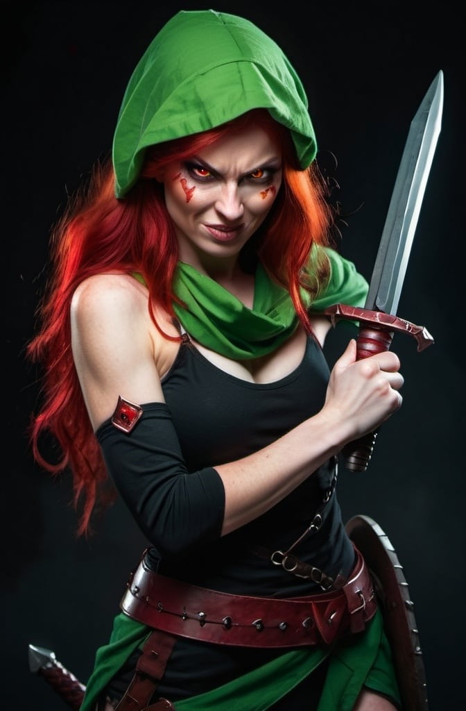 Prompt: Evil red-haired warrior woman with a mischievous smirk. Carmine, red eyes. Fierce combat stance.