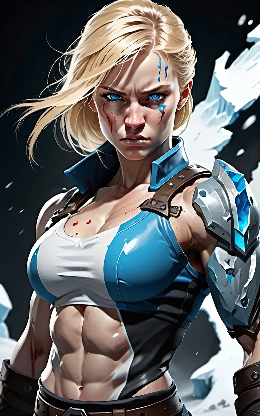 Prompt: Female figure. Greater bicep definition. Sharper, clearer blue eyes. Bleeding. Long Blonde hair flapping. Frostier, glacier effects. Fierce combat stance.