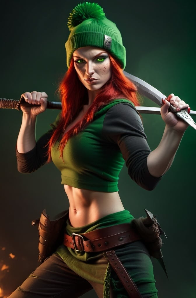 Prompt:  Evil red-haired warrior woman, wearing a green beanie and a mischievous smirk. Green eyes. Fierce combat stance. 