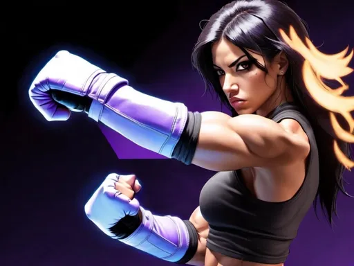 Prompt:  Female figure. Hispanic Greater bicep definition. Brown eyes. Purple nails. Black hair. Fierce combat stance. Raging Fists. Gang leader. 
