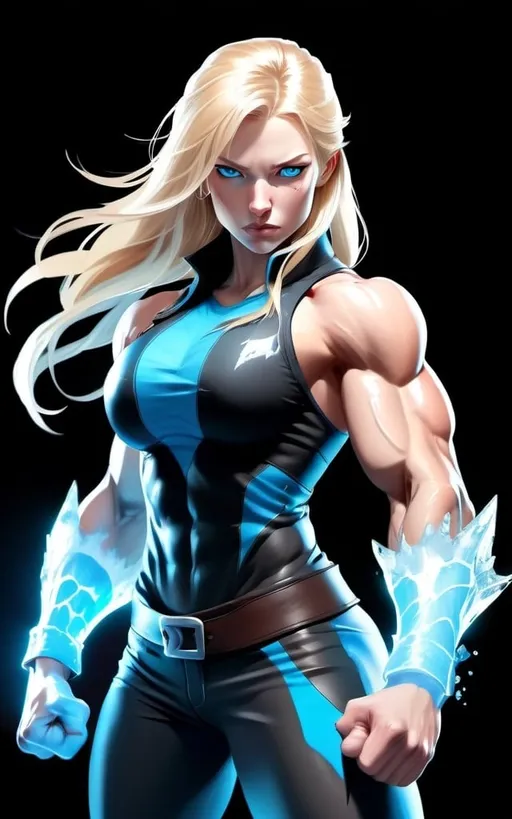 Prompt: Female figure. Greater bicep definition. Sharper, clearer blue eyes. Nosebleed. Long Blonde hair flapping. Frostier, glacier effects. Fierce combat stance. Raging Fists. Icy Knuckles.