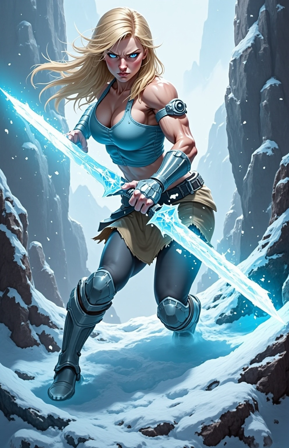 Prompt: @lbK8EQWu1r8WEqH2g1L6 A muscular female warrior wielding a sword made of shimmering ice, standing in a dynamic combat stance. She is positioned in a rugged, icy landscape with jagged glaciers and snow-covered rocks. Her intense gaze is focused forward, with her body twisted slightly as if ready to strike. Her armor is sleek and functional, with frost accents that glisten in the cold light. Bright, cold illumination from the icy sword casts a bluish glow on her skin and surroundings. Snowflakes swirl around her, and a faint mist rises from the icy ground, emphasizing the frigid environment. The scene is captured from a slightly low angle, highlighting her powerful stance and the sharp edges of her icy weapon, with dramatic lighting that enhances the tension and motion.