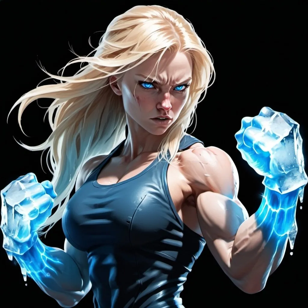 Prompt: Female figure. Greater bicep definition. Sharper, clearer blue eyes. Bleeding. Long Blonde hair flapping. Frostier, glacier effects. Fierce combat stance. Raging Fists. Icy Knuckles.