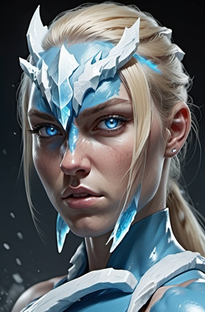 Prompt: Female figure. Greater bicep definition. Sharper, clearer blue eyes. Nosebleed. Long Blonde hair flapping. Frostier, glacier effects. Fierce combat stance. Raging Fists. Icy Knuckles. 