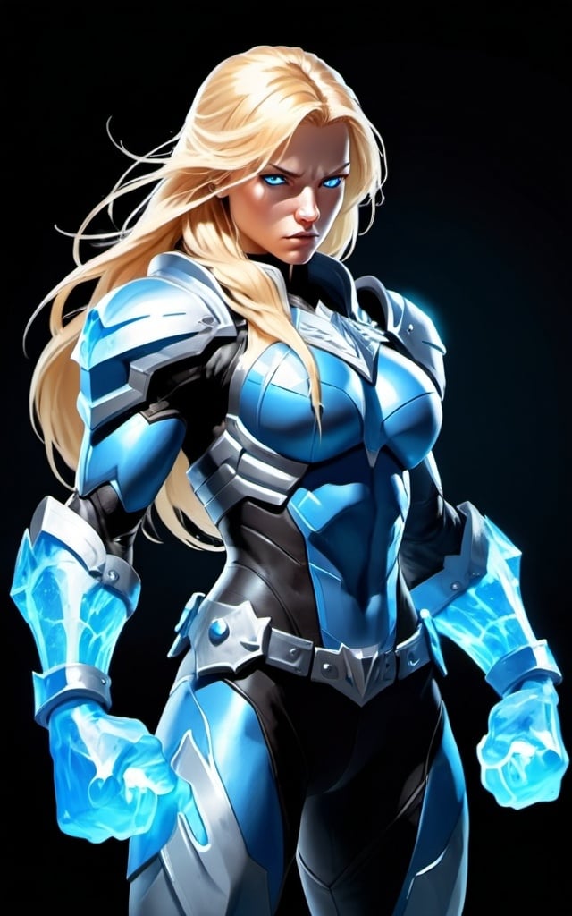 Prompt: Female figure. Greater bicep definition. Sharper, clearer blue eyes. Nosebleed. Long Blonde hair flapping. Frostier, glacier effects. Fierce combat stance. Raging Fists. Icy Knuckles. Blue armor suit.