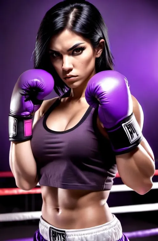 Prompt:  Female figure. Hispanic Greater bicep definition. Brown eyes. Purple nails. Black hair. Fierce combat stance. Raging Fists. Boxing gloves.