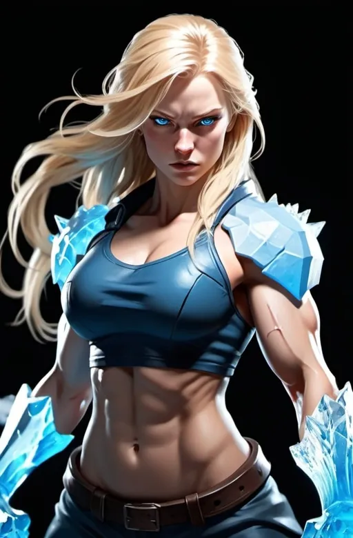 Prompt: Female figure. Greater bicep definition. Sharper, clearer blue eyes. Nosebleed. Long Blonde hair flapping. Frostier, glacier effects. Fierce combat stance. Icy Knuckles. 